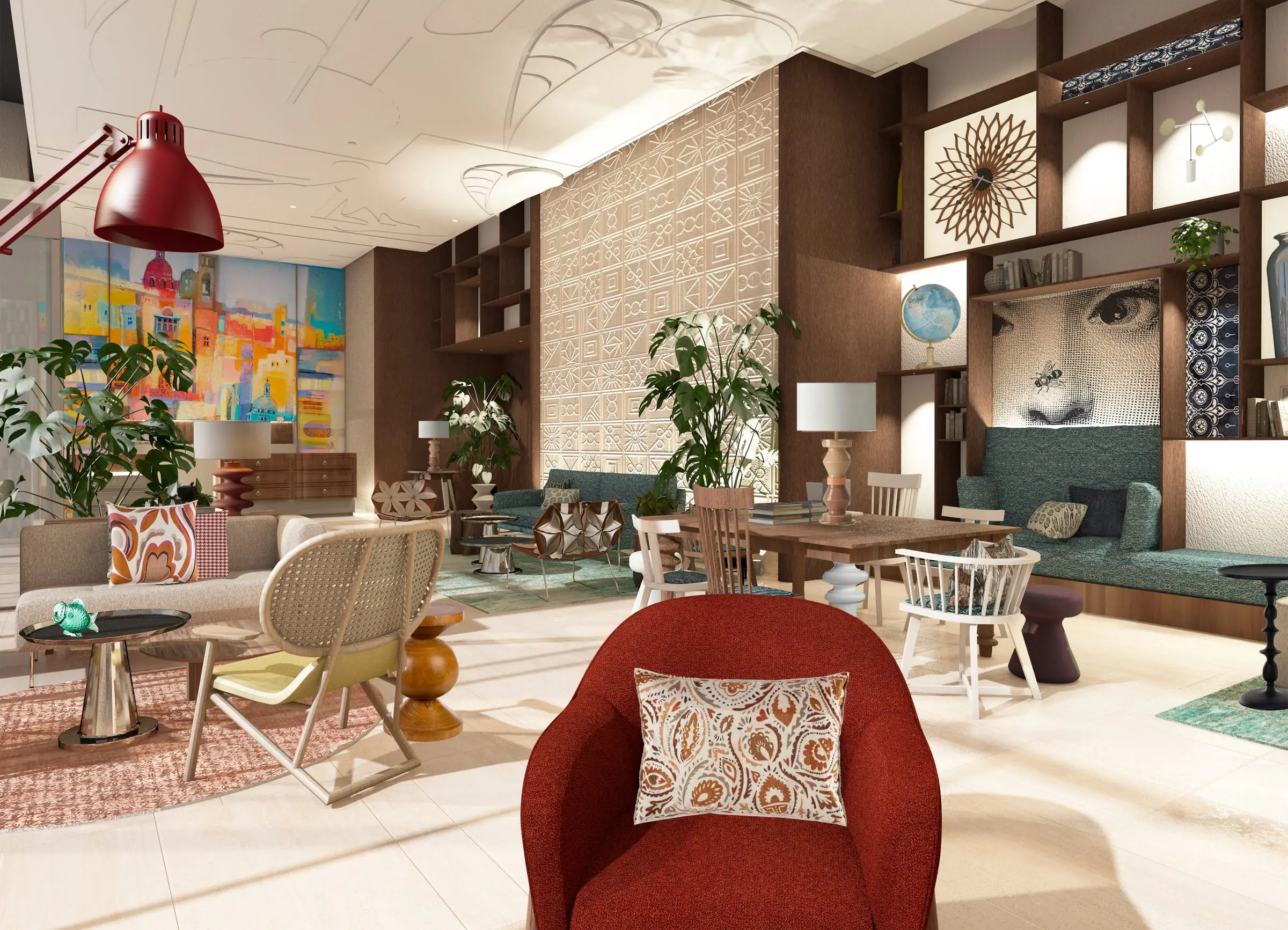 The lobby lounge at the Hyatt Centric Malta, bright murals and armchairs