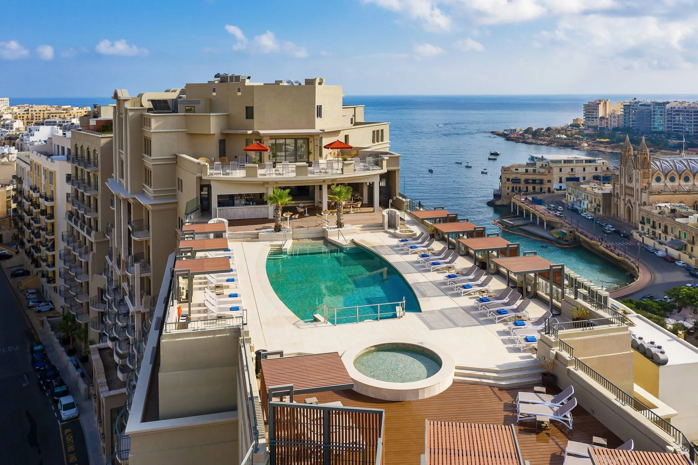 The rooftop pool at the Malta Marriott Resort & Spa, above Balluta Bay in St Julian’s