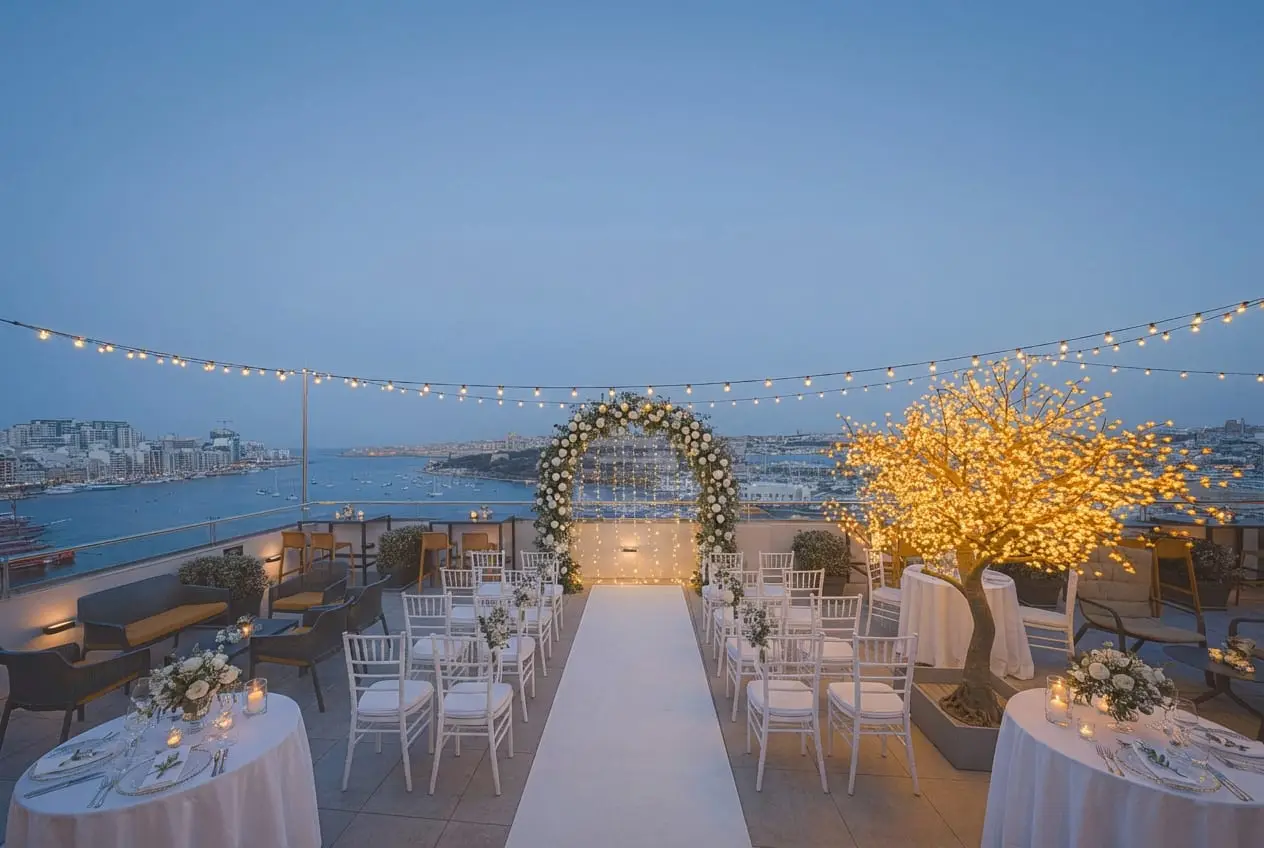 Cielo Lounge, on the 12th floor of The Waterfront Hotel, set for a wedding at dusk
