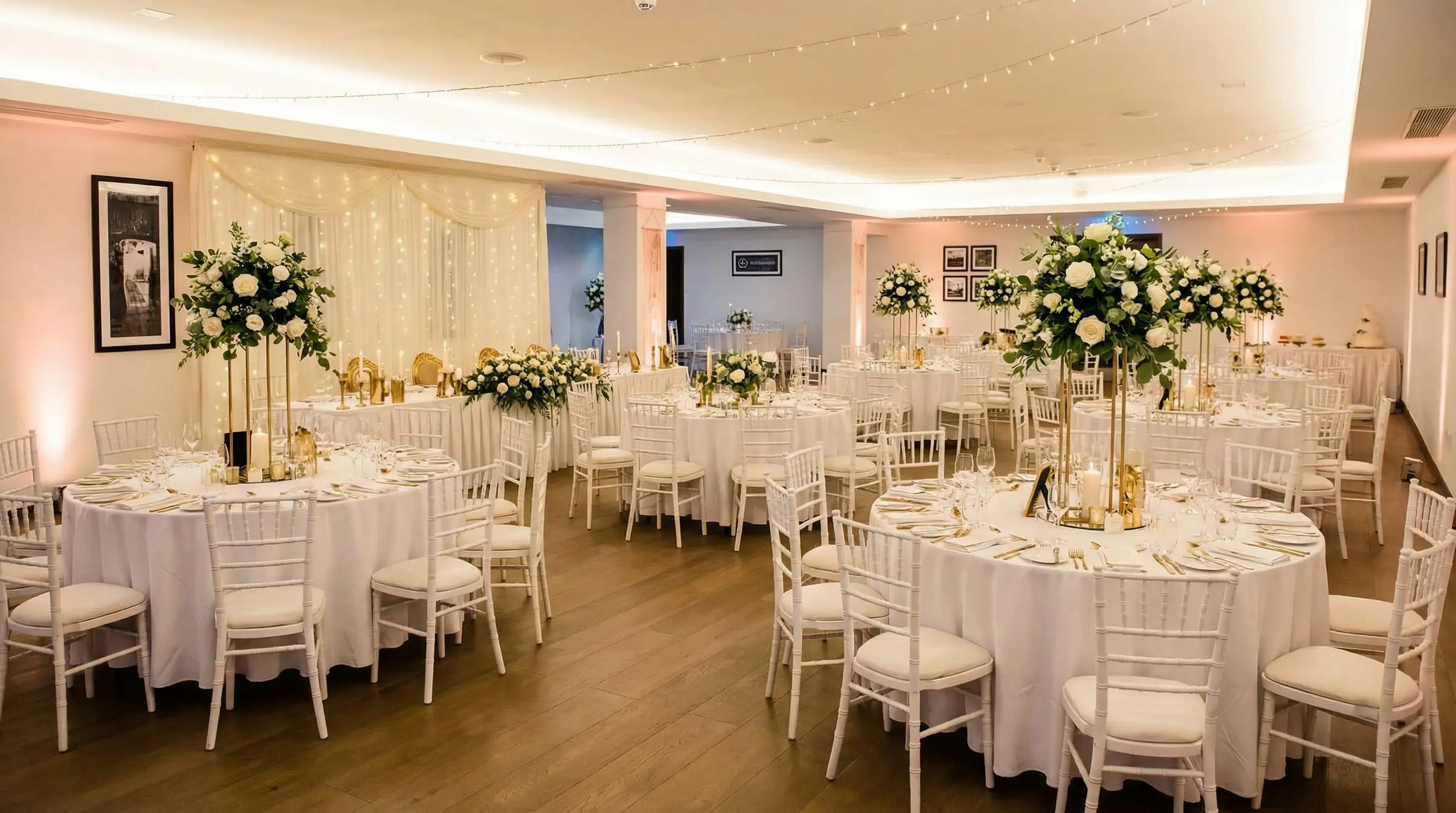 The Acquarine Suite at The Waterfront Hotel set with round tables for a wedding dinner