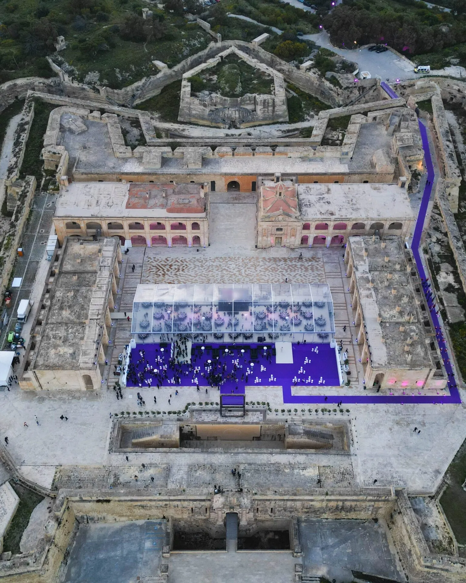 Fort Manoel from the air at dusk, a marquee laid for the gala dinner inside the star fort