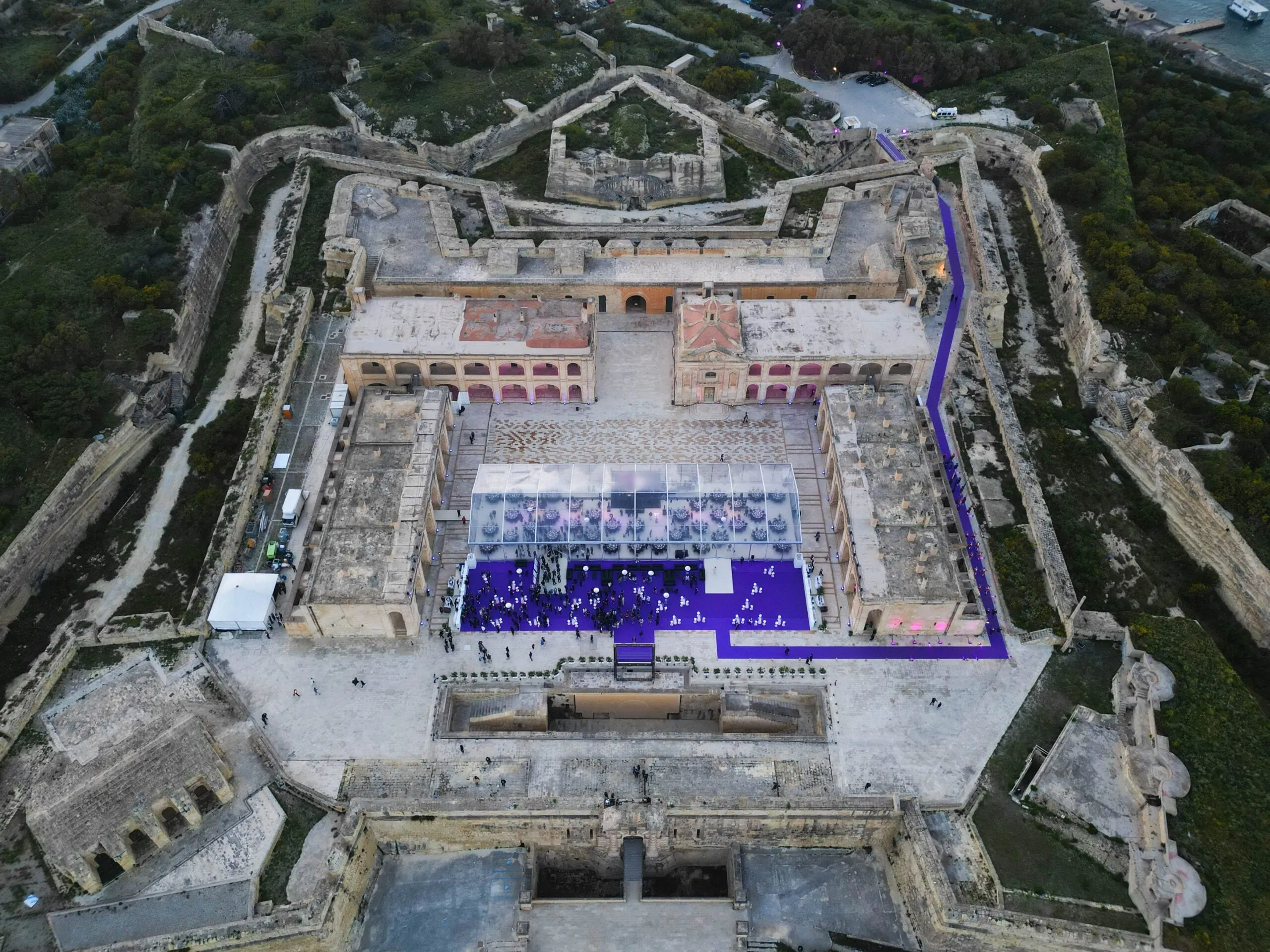 Fort Manoel from the air at dusk, a marquee laid for the gala dinner inside the star fort