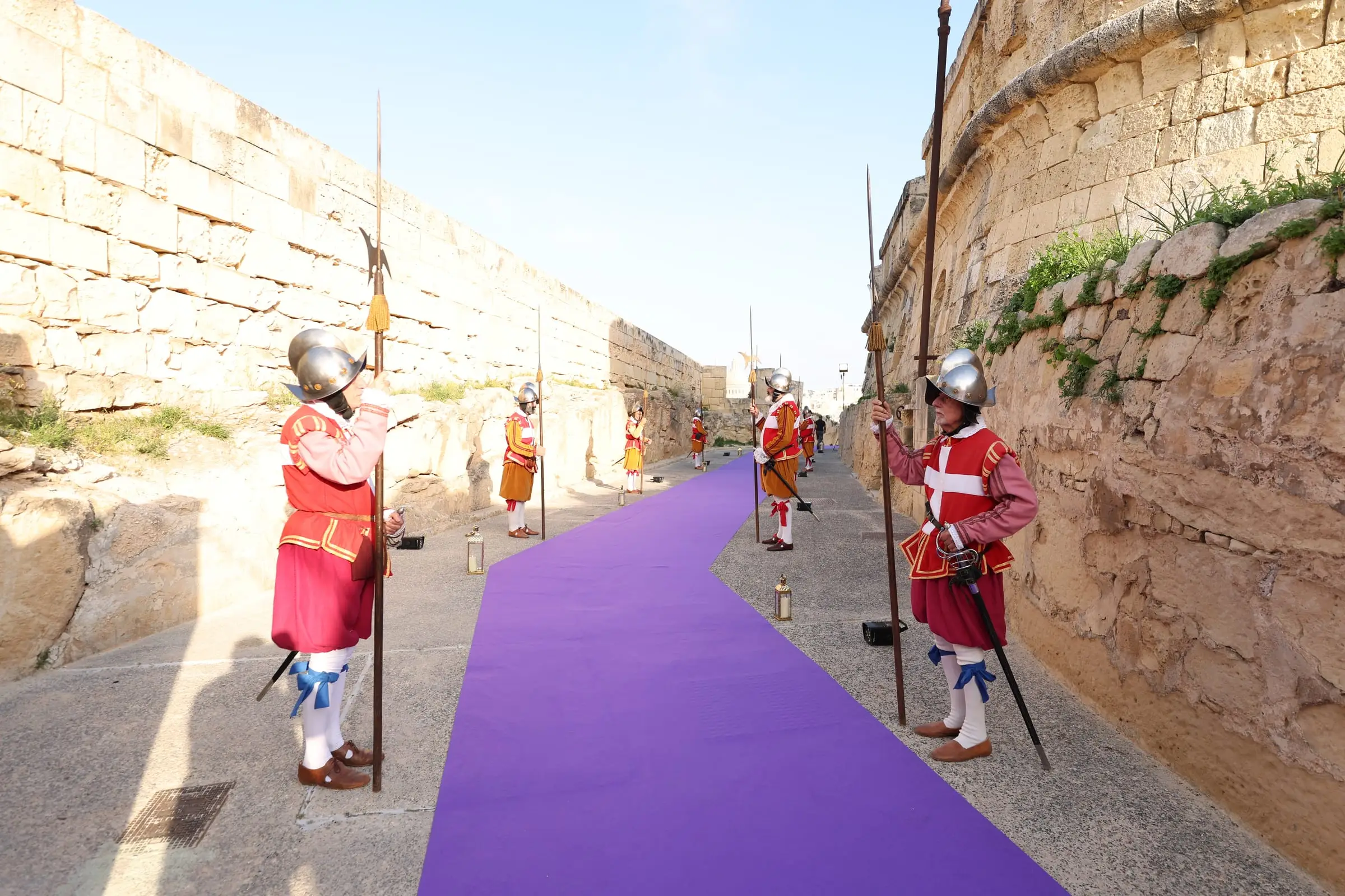 Guards in red and white tunics standing with halberds along both sides of the purple carpet in the ditch