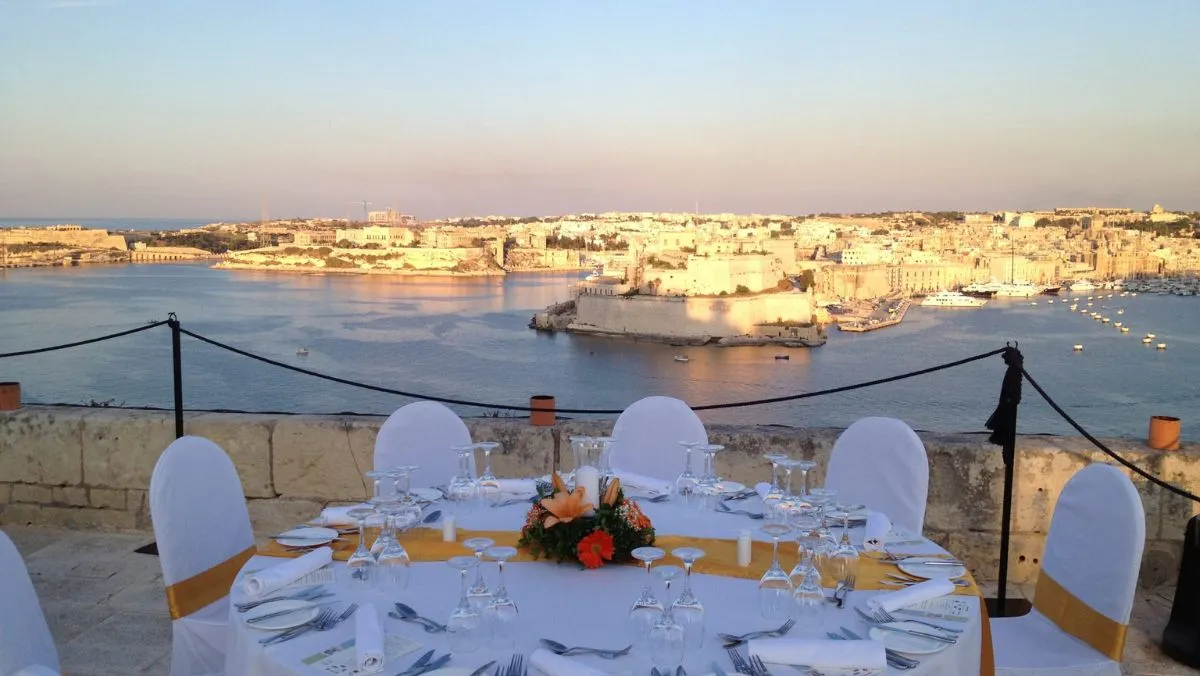 A dinner table on the Saluting Battery above the Grand Harbour
