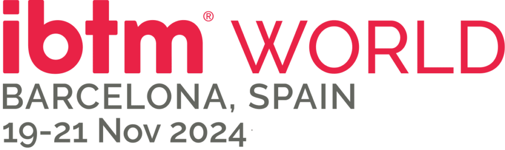 The image is a logo for "ibtm WORLD" with the event details: "BARCELONA, SPAIN, 19-21 Nov 2024." The text is primarily in red and gray, featuring a clean and modern design. The acronym "ibtm" is bold in red, with "WORLD" next to it in uppercase red letters. Below, the location "BARCELONA, SPAIN" and the event dates are in a smaller gray font.