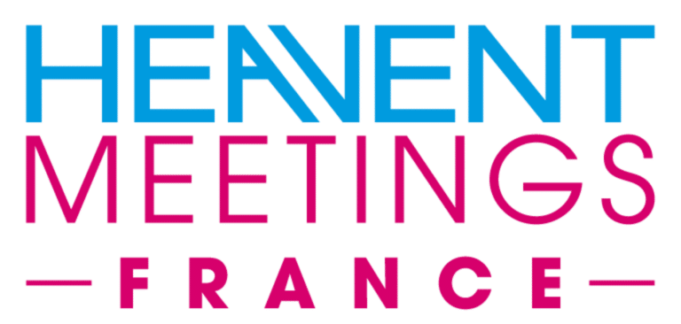 go for HEAVENT MEETINGS FRANCE, a European trade show for MICE (Meetings, Incentives, Conferences, and Exhibitions) and events. The design features bold blue and pink text emphasizing the event’s name