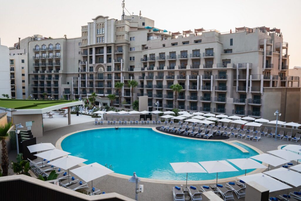 An outdoor shot of the facilities at the Marriot Hotel, Malta
