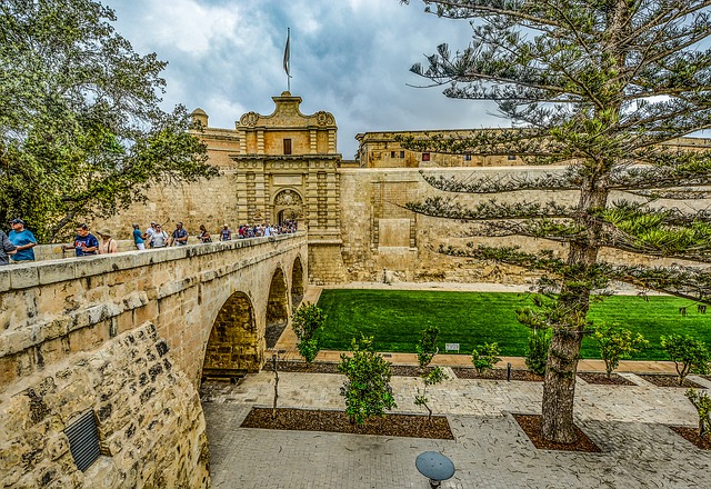 Mdina Gate, the main entrance to the ancient walled city of Mdina, Malta